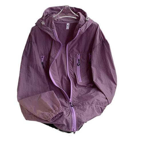 Zippered Multi-Pocket Hooded Ice Silk Quick-Dry Workwear Summer Hiking Sun-Protective Lightweight Jacket for Men and Women – Perfect for Sports