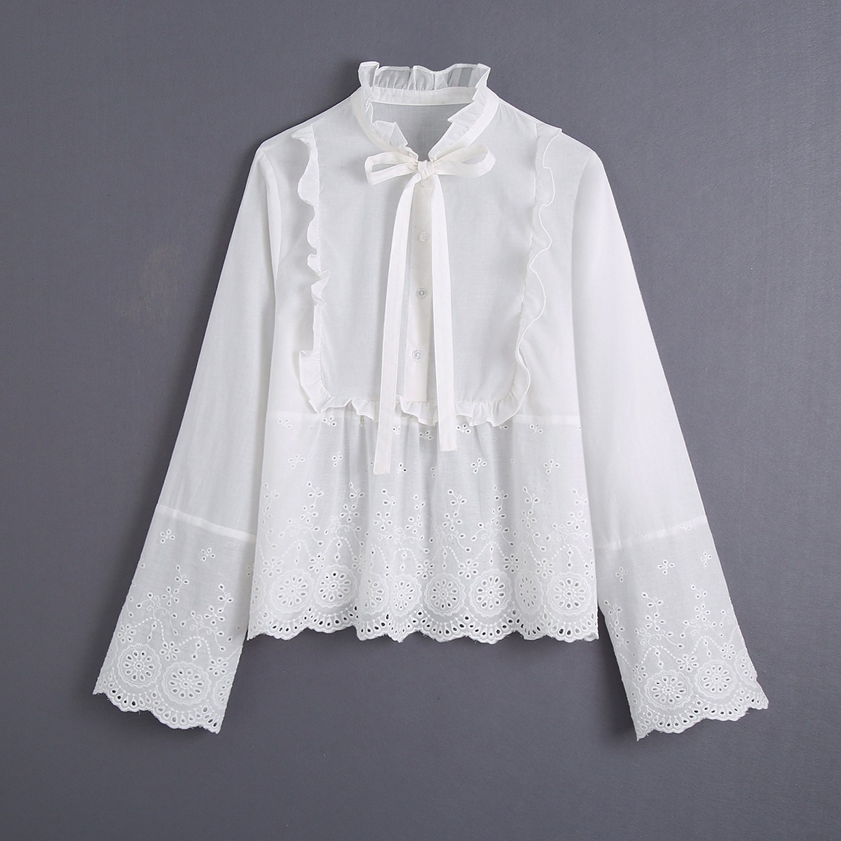 long-sleeved embroidery fungus edge lace-up solid color top NSXFL117721