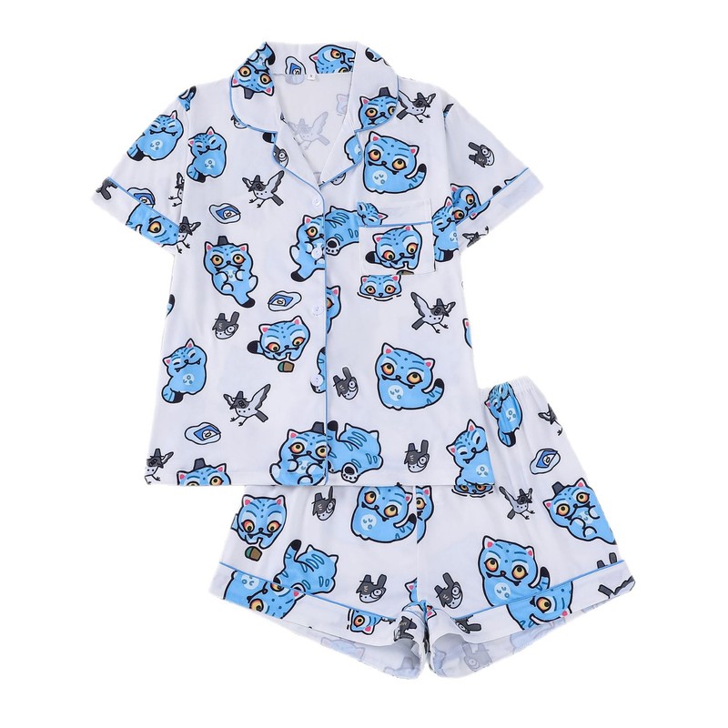 跨境外贸新款女士睡衣印花翻领短袖短裤欧美家居服women pajama|undefined