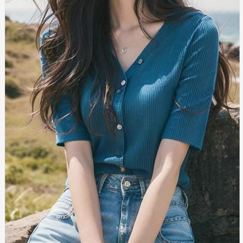 Áo cardigan dệt kim lụa băng màu xanh Dopamine cổ chữ V tay ngắn mùa hè — Màu như hình