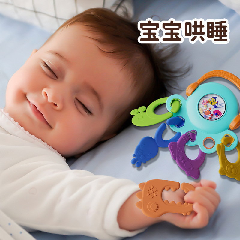 Juguetes educativos de sonajero de pulpo para bebés y niños pequeños transfronterizos, los bebés pueden morder pegamento suave, juguetes cognitivos de color de sonajero