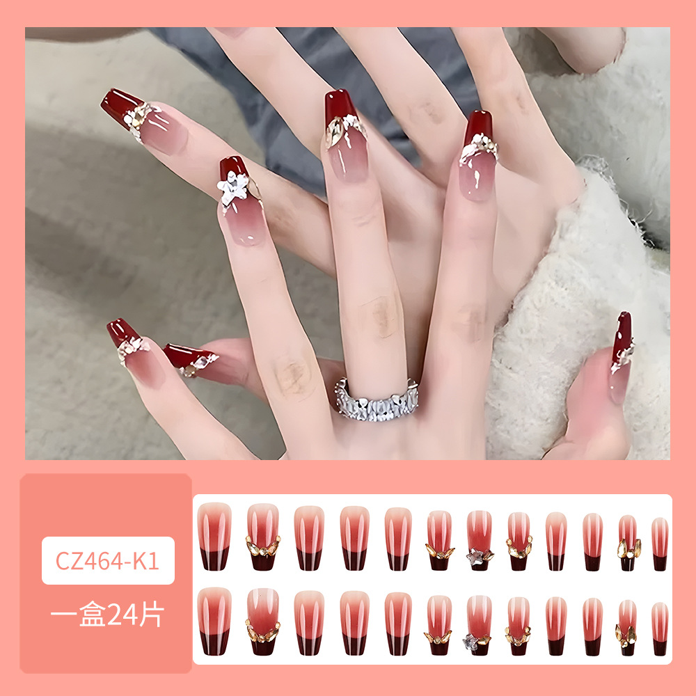 Rosa desnuda vino rosado gradiente perforación de uñas flores elegante estilo de vestir uñas 24 piezas empaquetadas parches de uñas terminados image 7