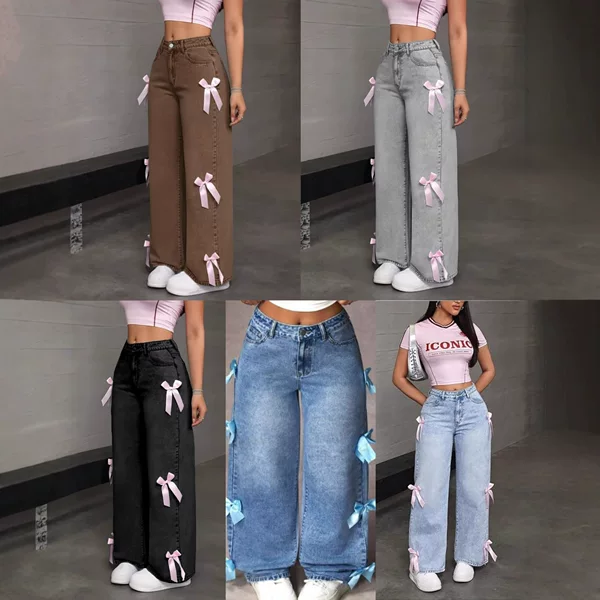 Cross-Border Amazon Best-Selling Y2K Street Hottie Bow Collage Washed Jeans European and American Straight Pants Ins