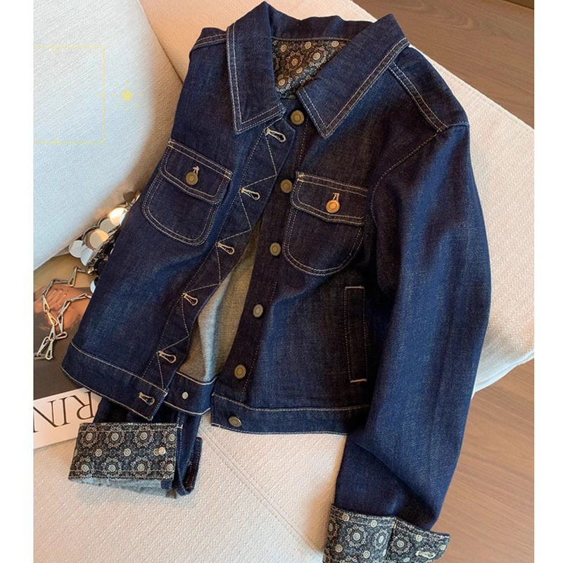 Retro Washed Splicing Dark Blue Denim Jacket for Women 2025 Autum New Loose Casual Versatile Short Jacket
