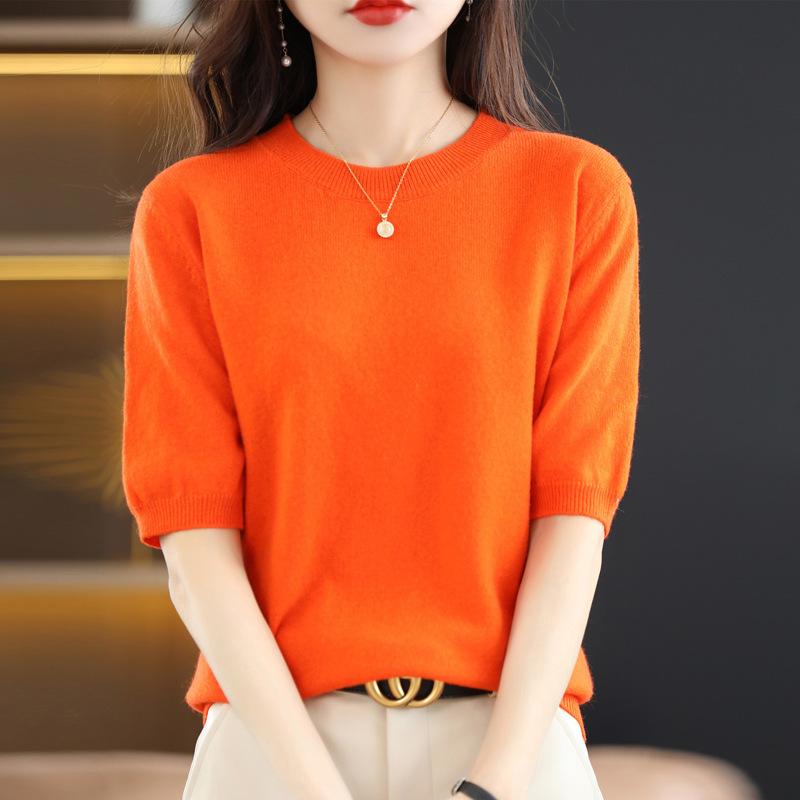 秋のレディーストップスボトリングシャツ半袖Tシャツレディースルーズ半袖セーターレディースセーター薄手2025ラウンドネック|undefined