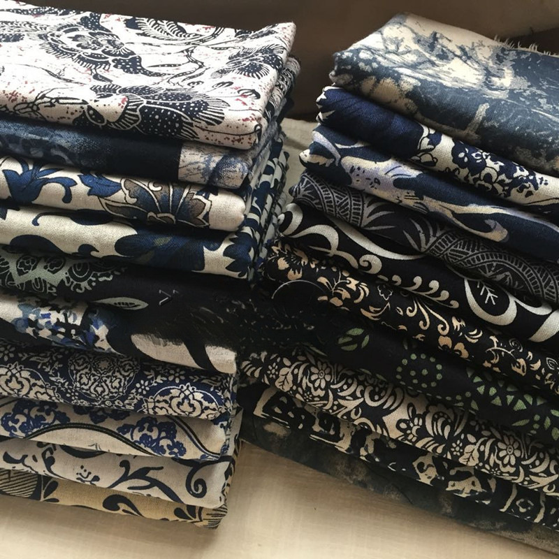 中棉麻蓝色印花布料青花瓷白底仿蜡染桌布服装装饰布料|undefined