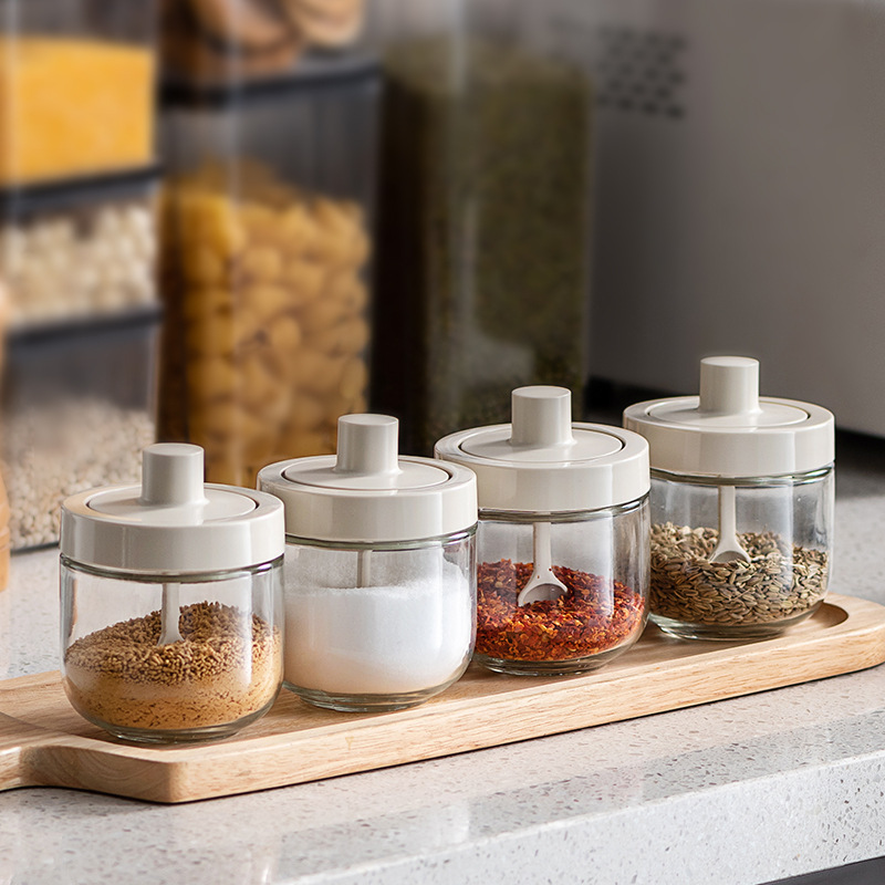 Independent design spoon cover integrated flavor home seasoning salt sugar oil pot kitchen glass flavor case set