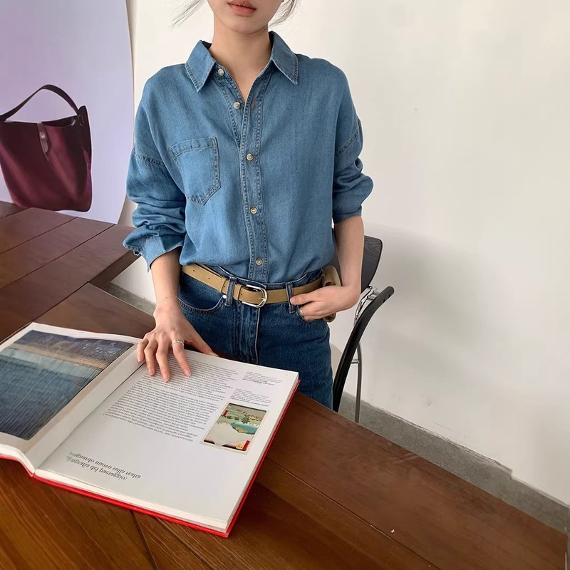 "Lyocell Denim Shirt" Korean Retro Washed Vintage Hong Kong Style Drapey Lazy Denim Shirt Jacket for Women