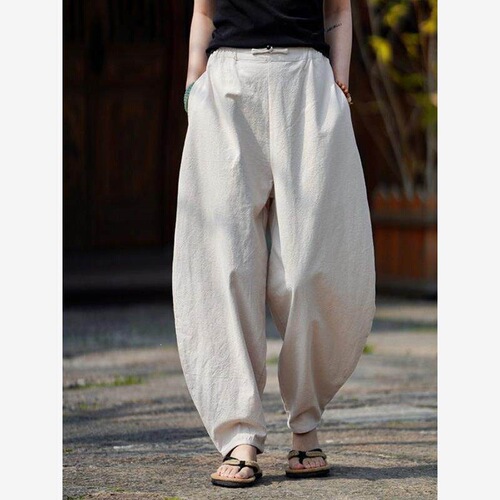 Cotton and linen pants, linen pants, men's loose and thin harem pants, meditation and artistic casual pants, summer wide-leg lantern pants