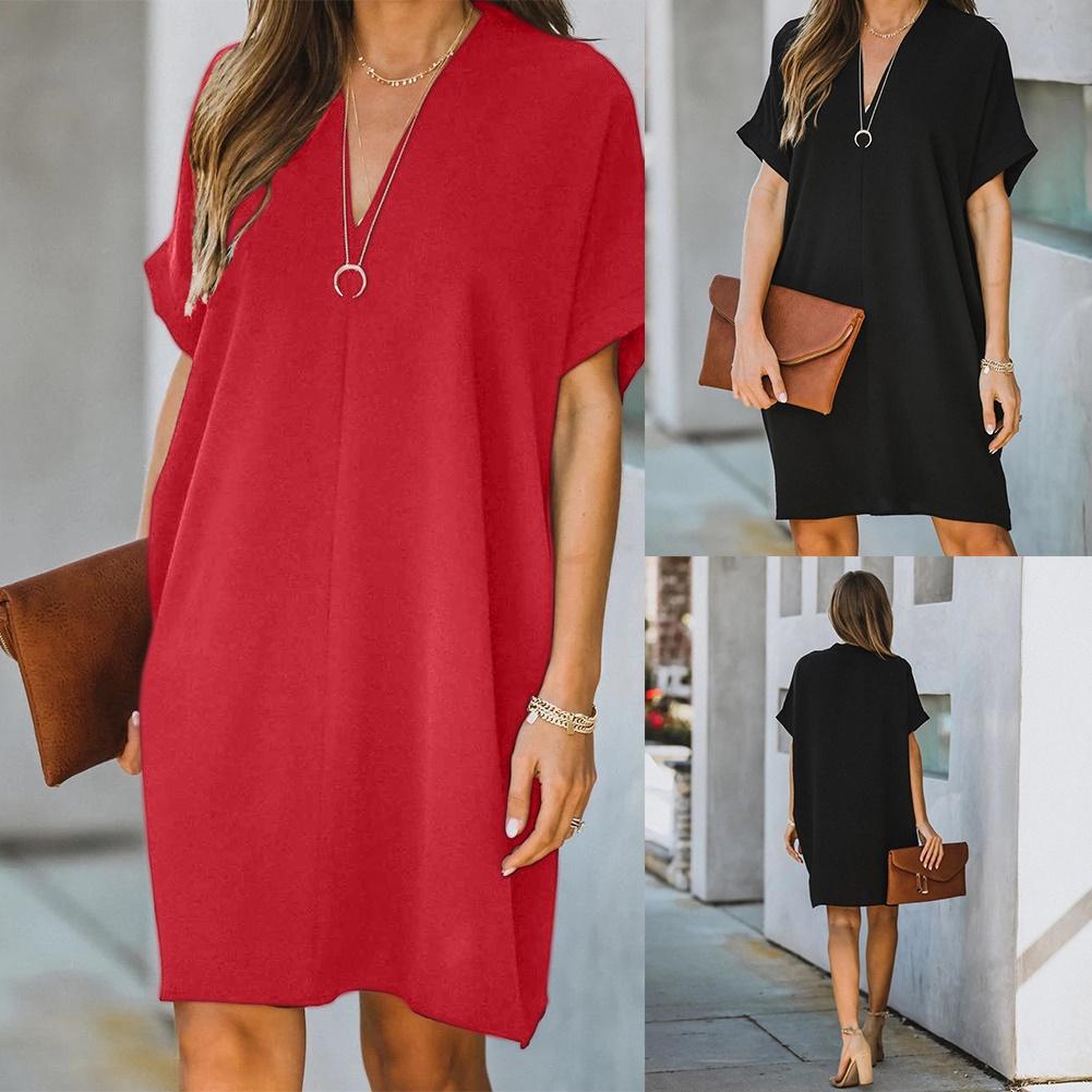 Plus Size Solid Color V-Neck Loose Dress NSYF43309