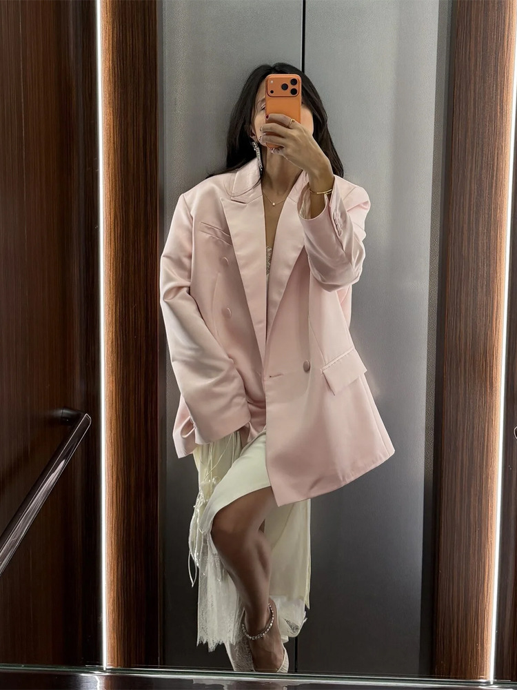 Saco Blazer de Satén con Solapa para Mujer Poliéster para Oficina y Eventos
