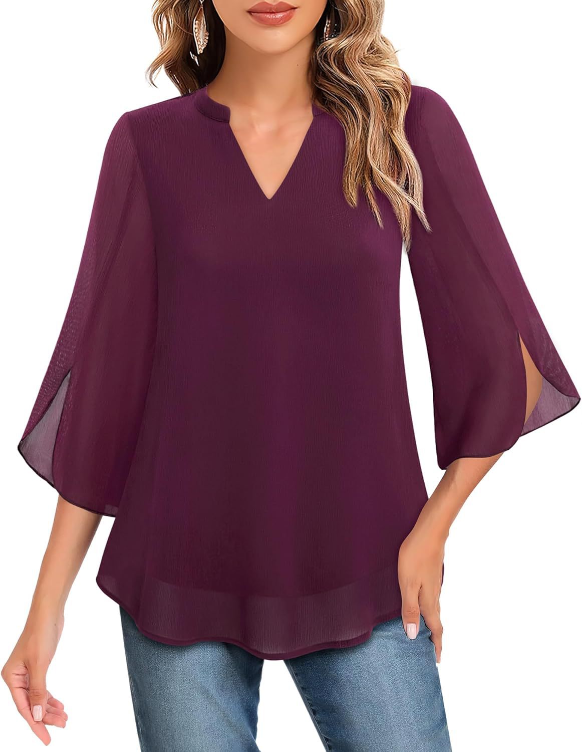 Damen Chiffonbluse Mit V-ausschnitt Und Blütenärmeln_voghion.com