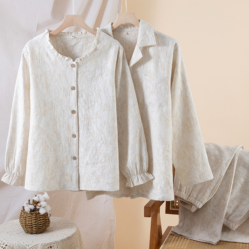 New Linen Pure Color Cotton Pajamas for Men and Women Summer Spring Autum Long-Sleeved Retro National Style Couple Home Wear Set New Linen Pure Color Cotton Pajamas for Men and Women Summer Spring Autum Long-Sleeved Retro National Style Couple Home Wear Set