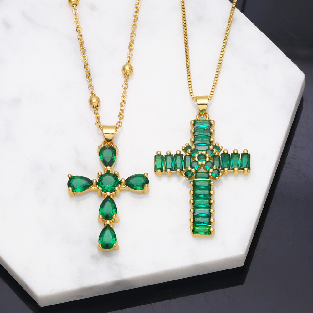 fashion Cross Green Zircon Copper 18K Gold-plated Necklace