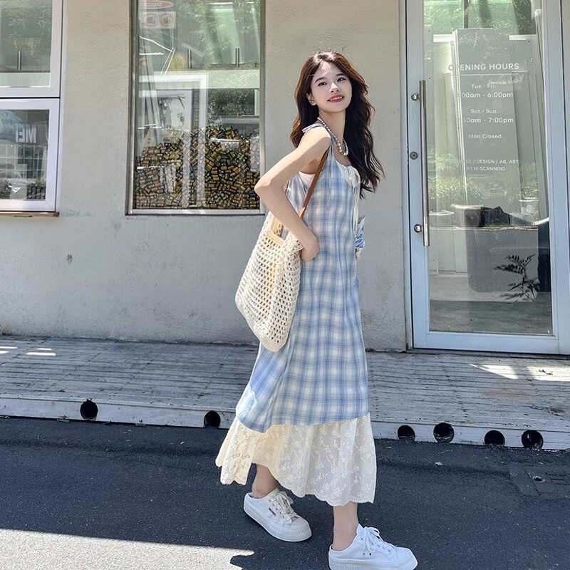 [Welcome to Kanban] Red Fake Two-piece Grace Lace Sling dress Women's Summer Seaside Holiday Long Dress