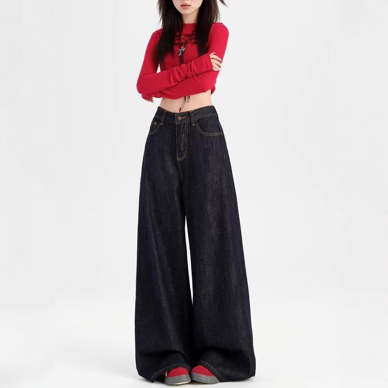 Dark Blue Wide-Leg Jeans for Women, New Autumn American Style, Loose Fit, Slimming, Tall, Straight-Leg, Floor-Length Pants