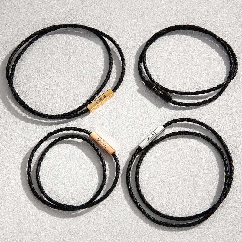 Men's and Women's Pu Rope Leather Rope Simple and Fashionable Couple Titanium Steel Magnetic Square Engraved Name Bracelet Jewelry Supply