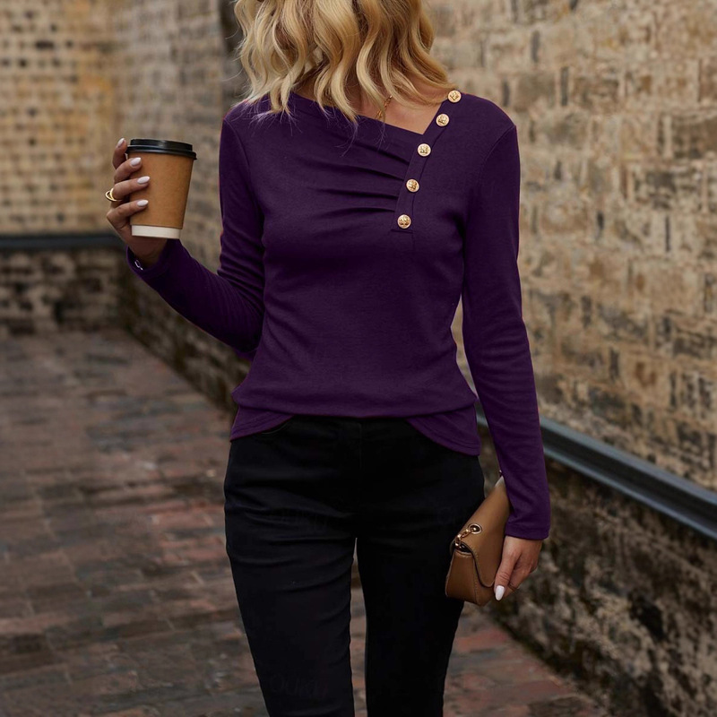2026 Spring New Style Asymmetrical Collar Plus-Size T-Shirt Top Casual Fashion Women's Long-Sleeve Daily Workwear