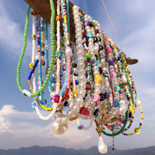 韩国ins风水晶串珠项链女小众设计感百搭珍珠彩色米珠锁骨链饰品