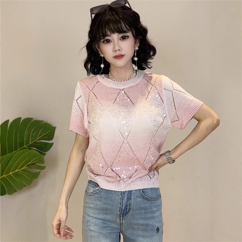 Summer Dopamine Gradient Knitted Round Neck Short-Sleeved Summer New Heavy-Duty Diamond Plaid Sequin Thin T-Shirt Top