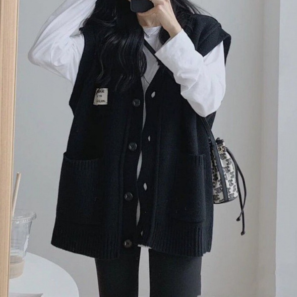 24 invierno Puyuan relajado viento japonés y coreano casual chaleco de cachemira cardigan cuello en V tipo suelto image 3