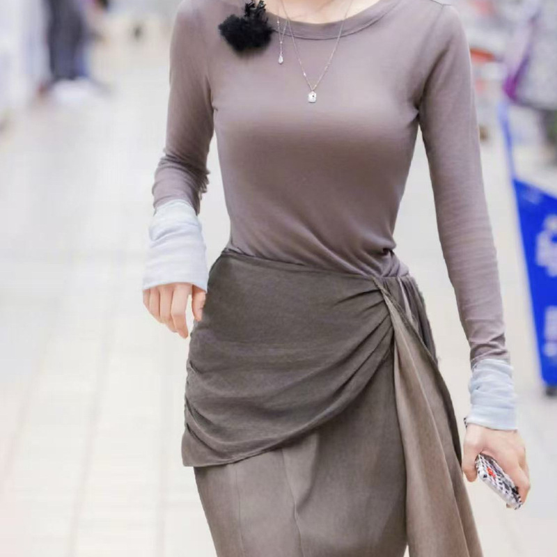2025 New Brown Asymmetrical Fishtail Skirt Women's Suit Long Elegant Slimming Look Hip Contrast Color Long Sleeve t