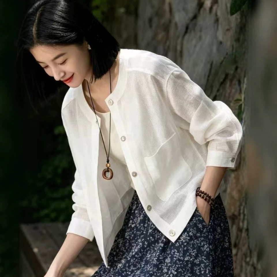 Áo khoác nữ ngắn cổ tròn dáng rộng nhẹ thoáng phong cách công sở — Áo khoác màu lanh nguyên bản (chất lượng cao), Áo khoác trắng (chất lượng cao)
