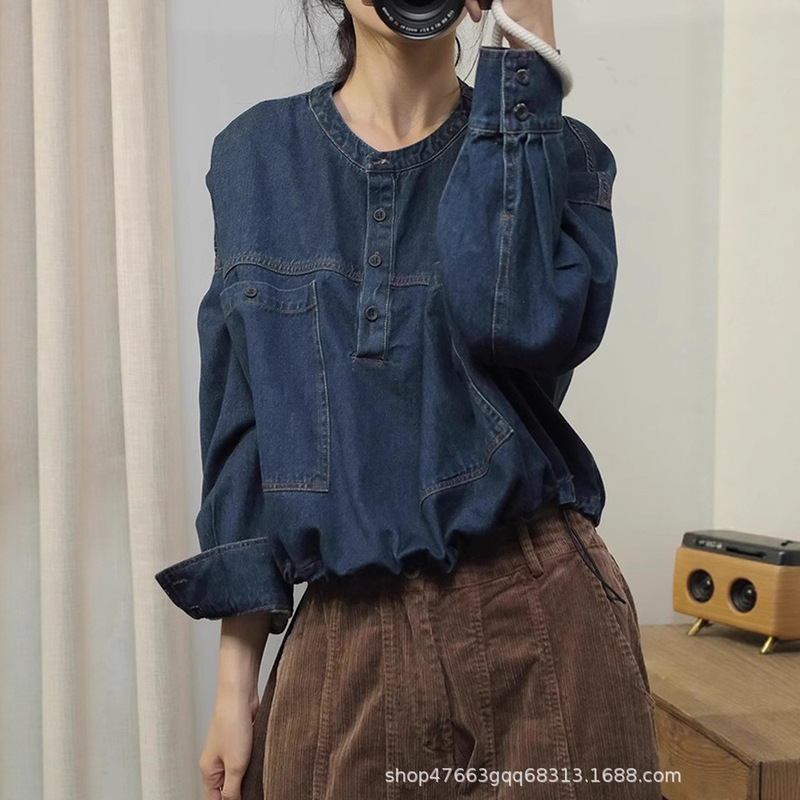 Autumn Korean Retro Vintage Patchwork Drawstring Loose Plus Size Batwing Long Sleeve Denim Shirt for Women