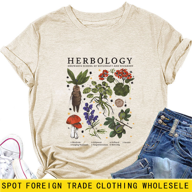 European and American personality T-shirt herbology Hogwarts school of summer round neck casual short sleeve in stock European and American personality T-shirt herbology Hogwarts school of summer round neck casual short sleeve in stock