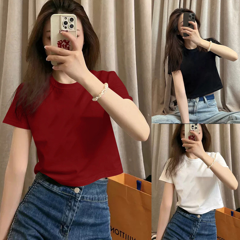 Solid Color Short-Sleeve Pure Cotton T-Shirt for Women, 2026 New Summer Round Neck Slim-Fit Top, Ins Style Tee Shirt Solid Color Short-Sleeve Pure Cotton T-Shirt for Women, 2026 New Summer Round Neck Slim-Fit Top, Ins Style Tee Shirt