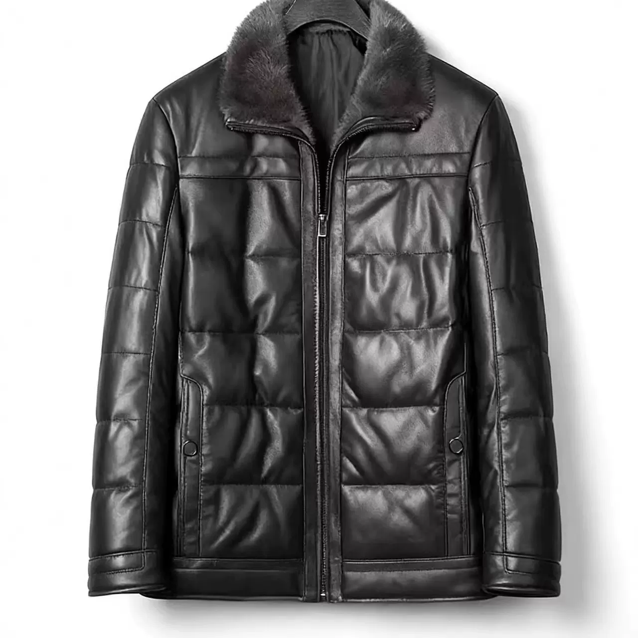 羽绒服冬毛领皮夹克皮夹爸爸海宁羽绒夹克真皮老年绒羊皮中老年男