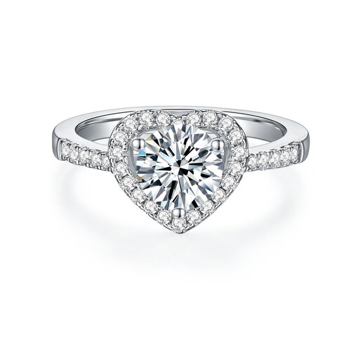 Diamond Ring Heart Shape Hollow 925 Silver Ring for Women, Live Streaming Cooperation, 1 Carat Ring