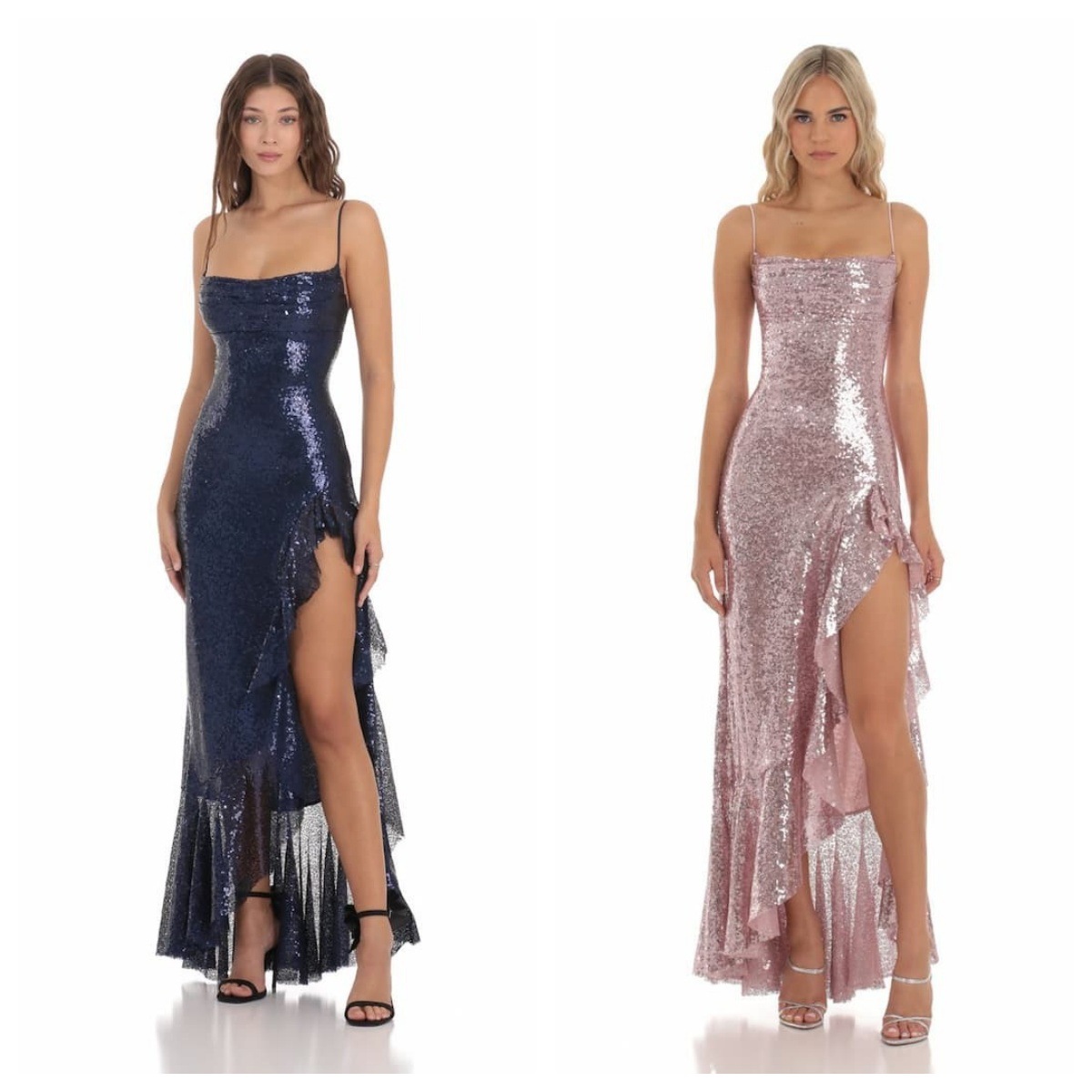 Cross-border European and American sequins suspenders dress split new host banquet sexy ball evening dress female (2 colors