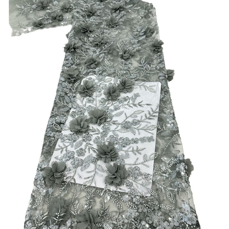 Bridal pura mano flor sequinilla tubo de perlas bordado tela de moda encaje vestido de boda vestido de tela