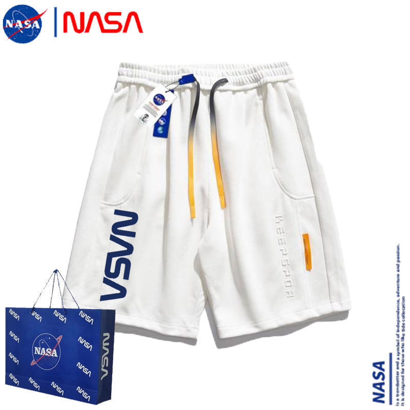 Nasa Co-Branded Rainbow Drawstring Sports Shorts, Heavyweight Summer Men's Beach Casual Loose 5-Point Shorts for Teenagers