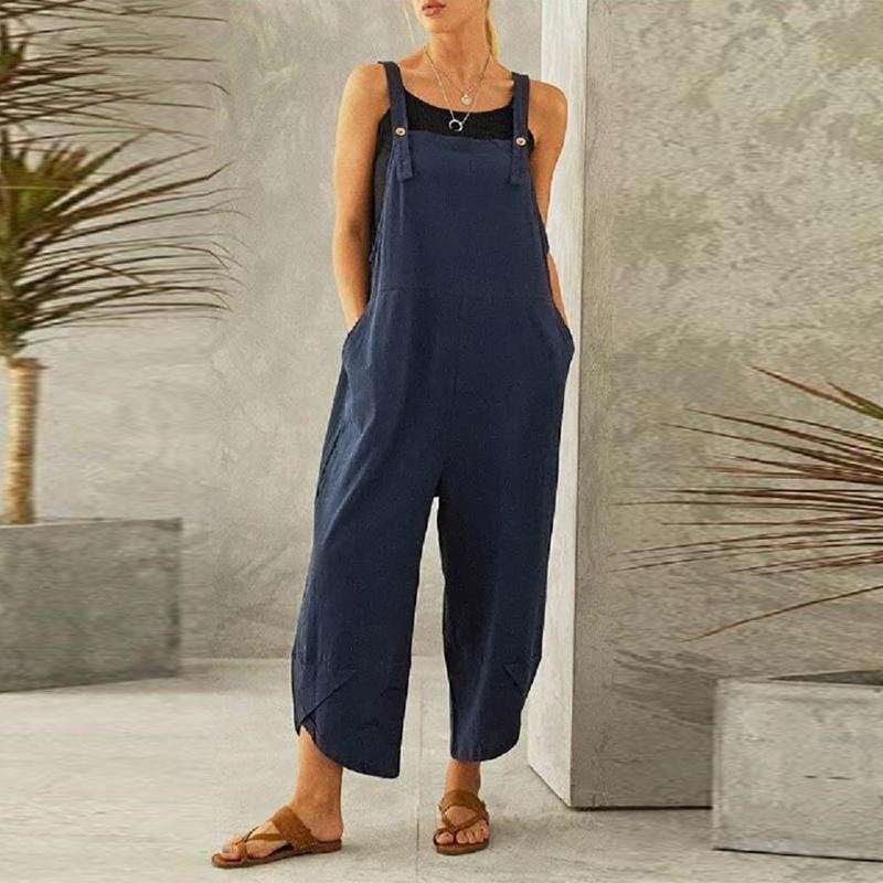 Tuta da donna ampia e larga, estiva, regolabile, in cotone e lino, tinta unita, pantaloni larghi, tute da donna oversize_voghion.com
