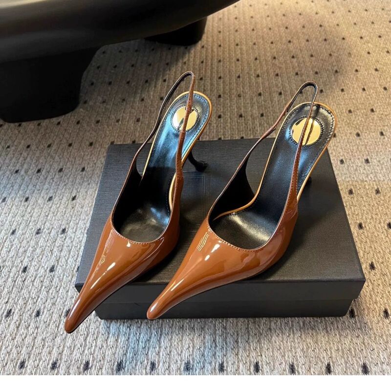 2025 New Patent Leather Brown Pointed Toe High Heels Women's Stiletto Elegant Toe Sandals Black Pumps