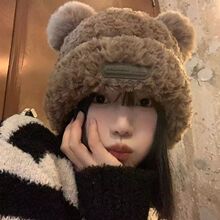 冬季可爱卡通小熊耳朵毛线帽子女日系保暖毛绒加厚护耳学生针织帽