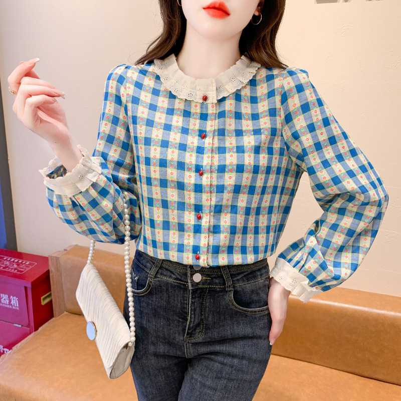 Vintage Lace Shirt Women's 2024 Autumn and Winter New Contrast Color Round Neck Loose Stitching Slim Look Plaid Casual Top