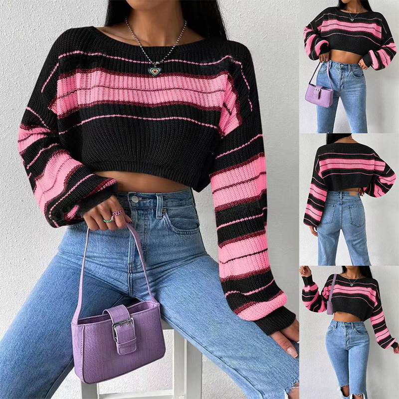 European and American Cross-border Women's Autumn and Winter New Top Sexy Navel Casual Striped Short Long-sleeved Pullover Sweater European and American Cross-border Women's Autumn and Winter New Top Sexy Navel Casual Striped Short Long-sleeved Pullover Sweater