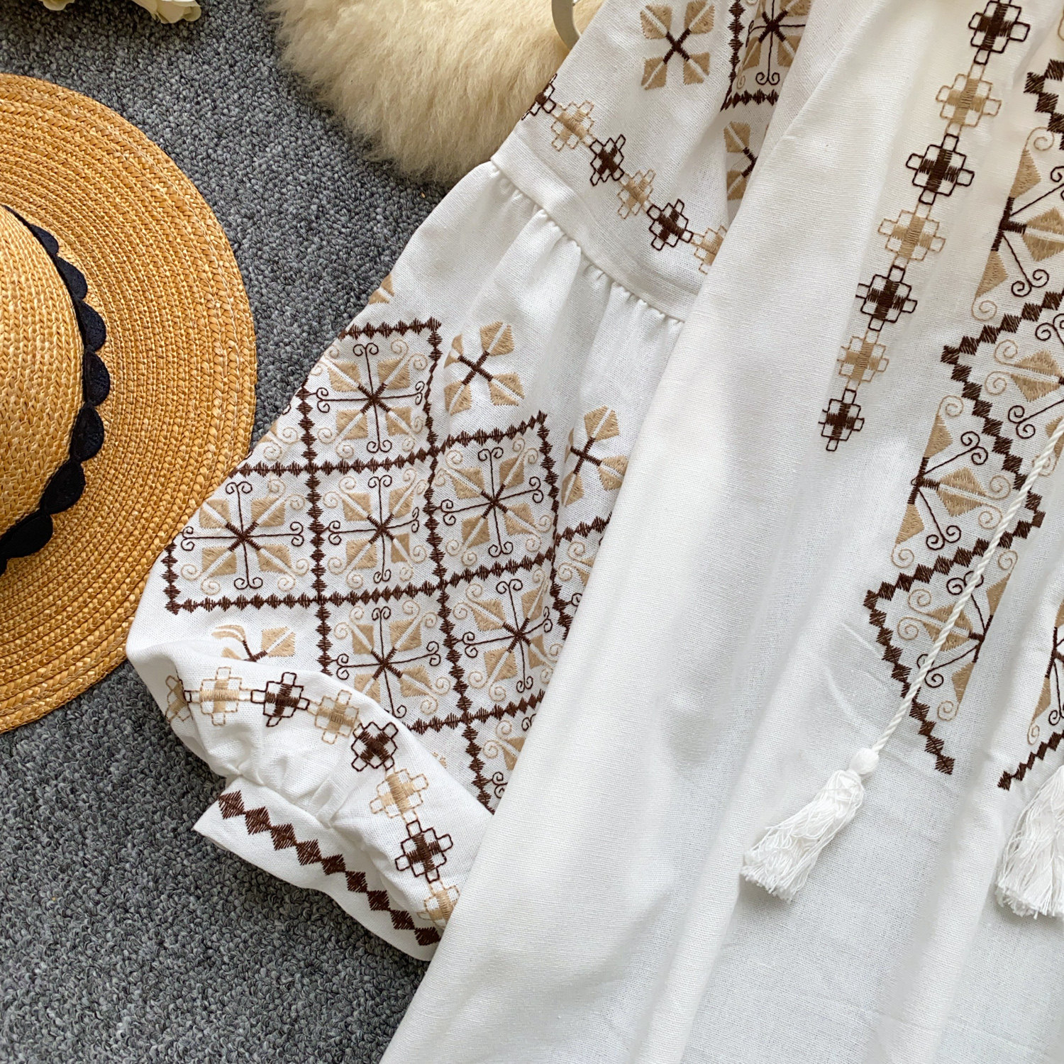 Women's Ethnic Style Embroidered Shirt Summer Long Sleeve Loose Fitting Tassel Tie Lantern Sleeve Heavy Duty Design Top For Commuting_ecoleips.com