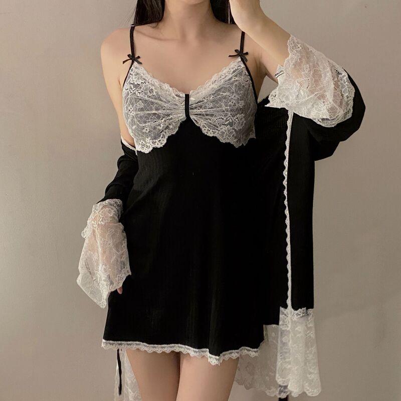 2023 autumn and winter modal pajamas women's sexy sling nightgown suit new autumn cotton home wear lace