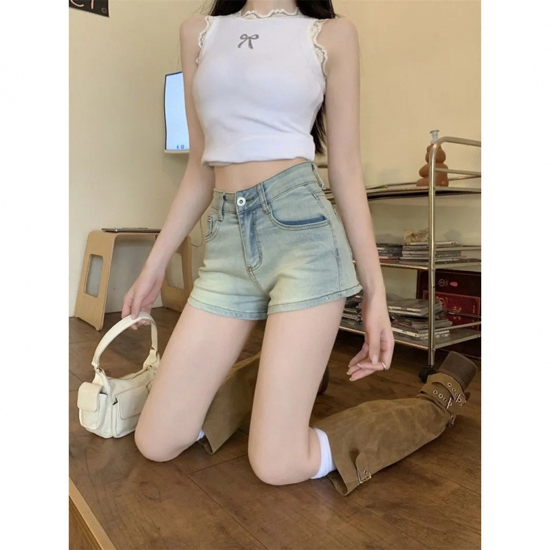 アメリカンホットガールレトロストレートウォッシュデニムショートパンツ夏インタイトハイウエストスリムパンツホットパンツ|undefined