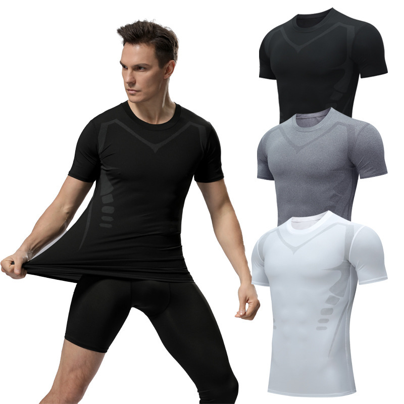 Fitness Clothing Men's High Elastic Short-sleeved Quick-drying Sports Tights Printed Running Basketball Training Gym Base Top