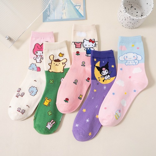 Japanese cartoon socks for women, Korean version of cute combed cotton mid-calf women's socks, candy-colored versatile casual socks