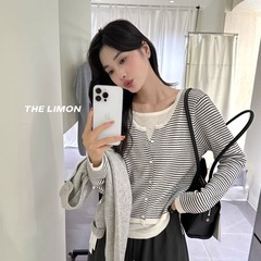 thelimon2025秋季新款设计感假两件圆领针织衫女条纹上衣打底衫