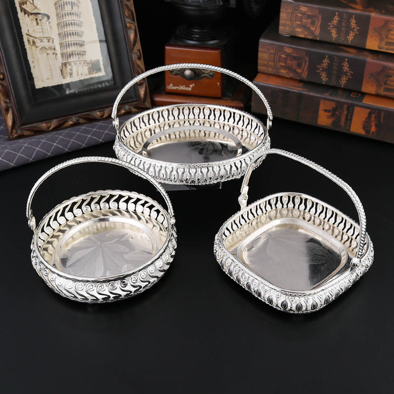 Cross-Border Fashion Candy Basket Snack Bowl Metal Silver-Plated Oval Food Cup Basket Tray Wholesale Hotel Home