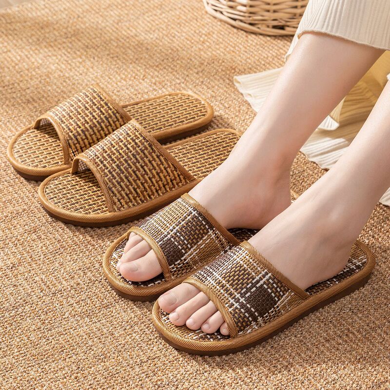 Linen Woven Bamboo Straw Slippers for Men Spring and Summer Home Breathable Rattan Indoor Soft-Soled Non-Slip Silent Floor Slippers for Women