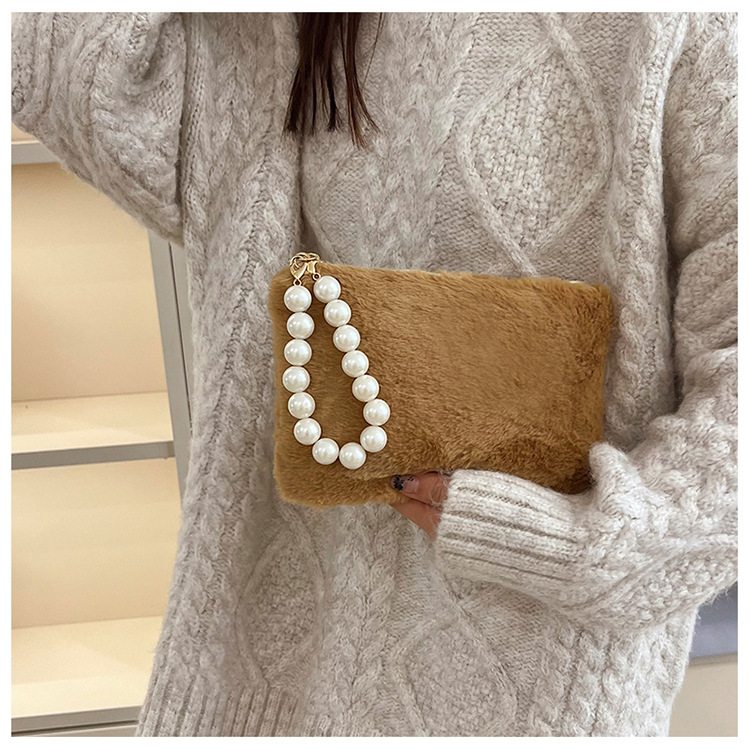 135g Weight Synthetic Leather Lining Material Pearls, Sewing Thread Fashion Element Zipper Closure Type Top Handle Strap Type Handbag Bags Type Casual, Shopping Occasion Plush Material Solid Color Pattern Winter Season Women's Gender Elegant Style Square Shape Women's Plush Solid Color Elegant Pearls Sewing Thread Square Zipper Handbag 2
