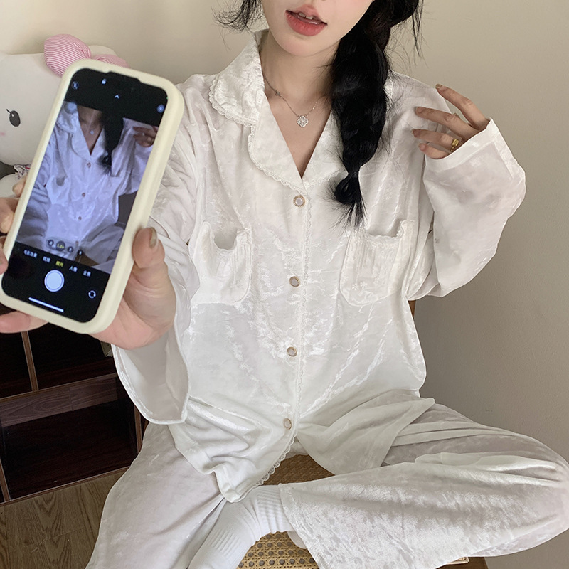 Autumn and Winter Women's Casual Pajamas, Women's Gold Velvet Long-Sleeved Cardigan, Lace Princess Style Lapel Home Wear Set